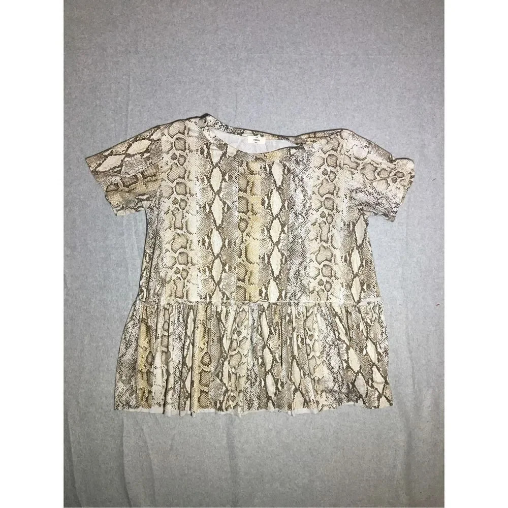 Womens Entro Blouse Size Large Rattlesnake Print Brown White Babydoll Style Top
